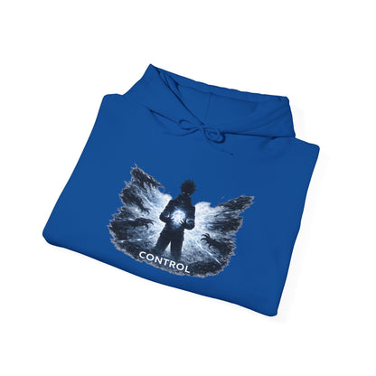 Control silhouette hoodie | person with glowing heart, angel wing brushstroke design