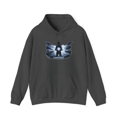 Control silhouette hoodie | person with glowing heart, angel wing brushstroke design