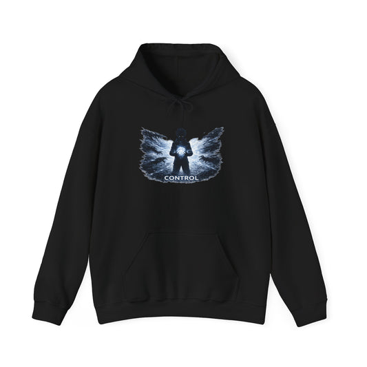 Control silhouette hoodie | person with glowing heart, angel wing brushstroke design