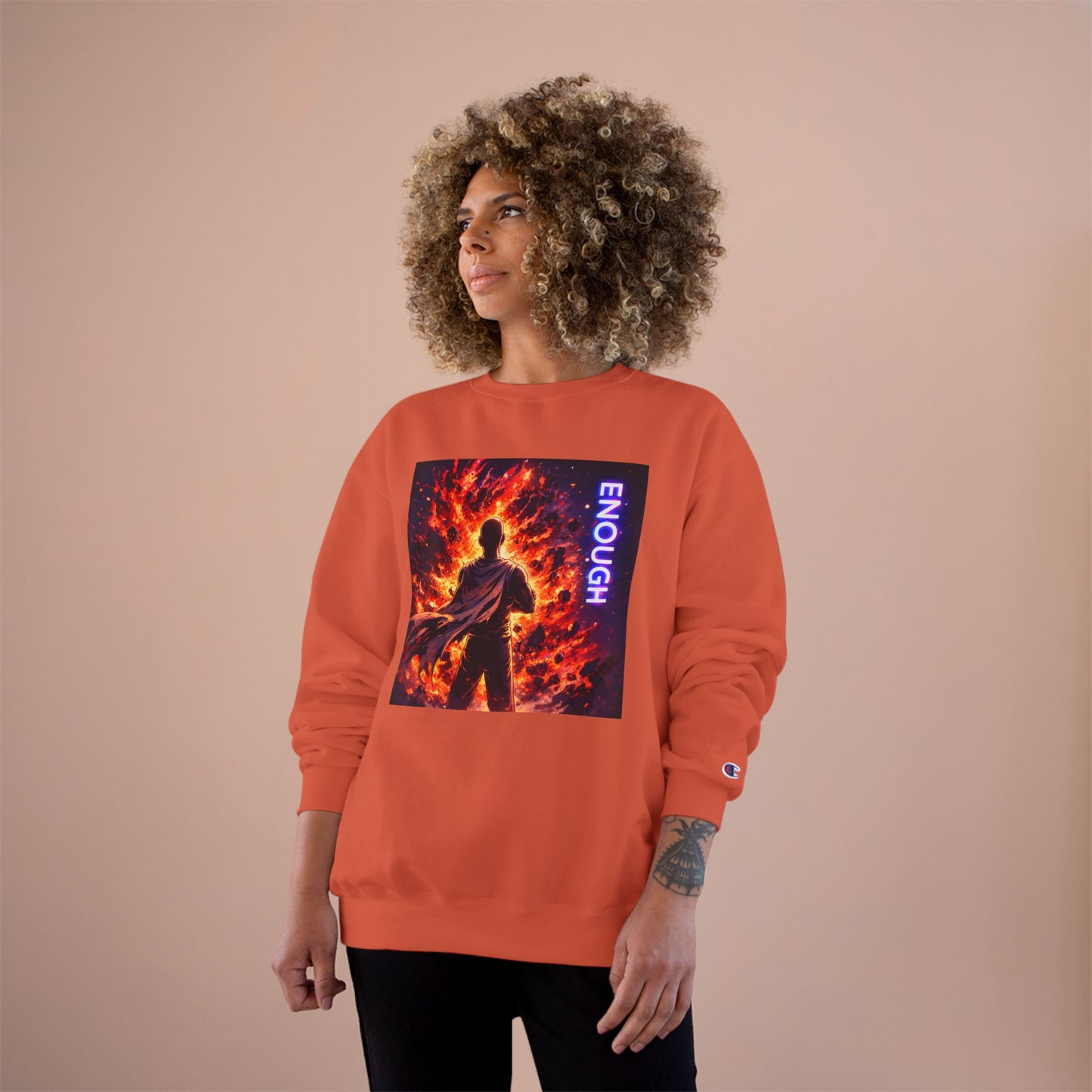 Fiery Hero Silhouette ENOUGH Champion Sweatshirt | Flames Graphic Crewneck