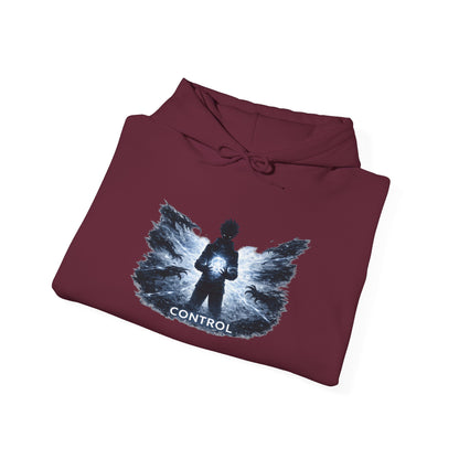 Control silhouette hoodie | person with glowing heart, angel wing brushstroke design