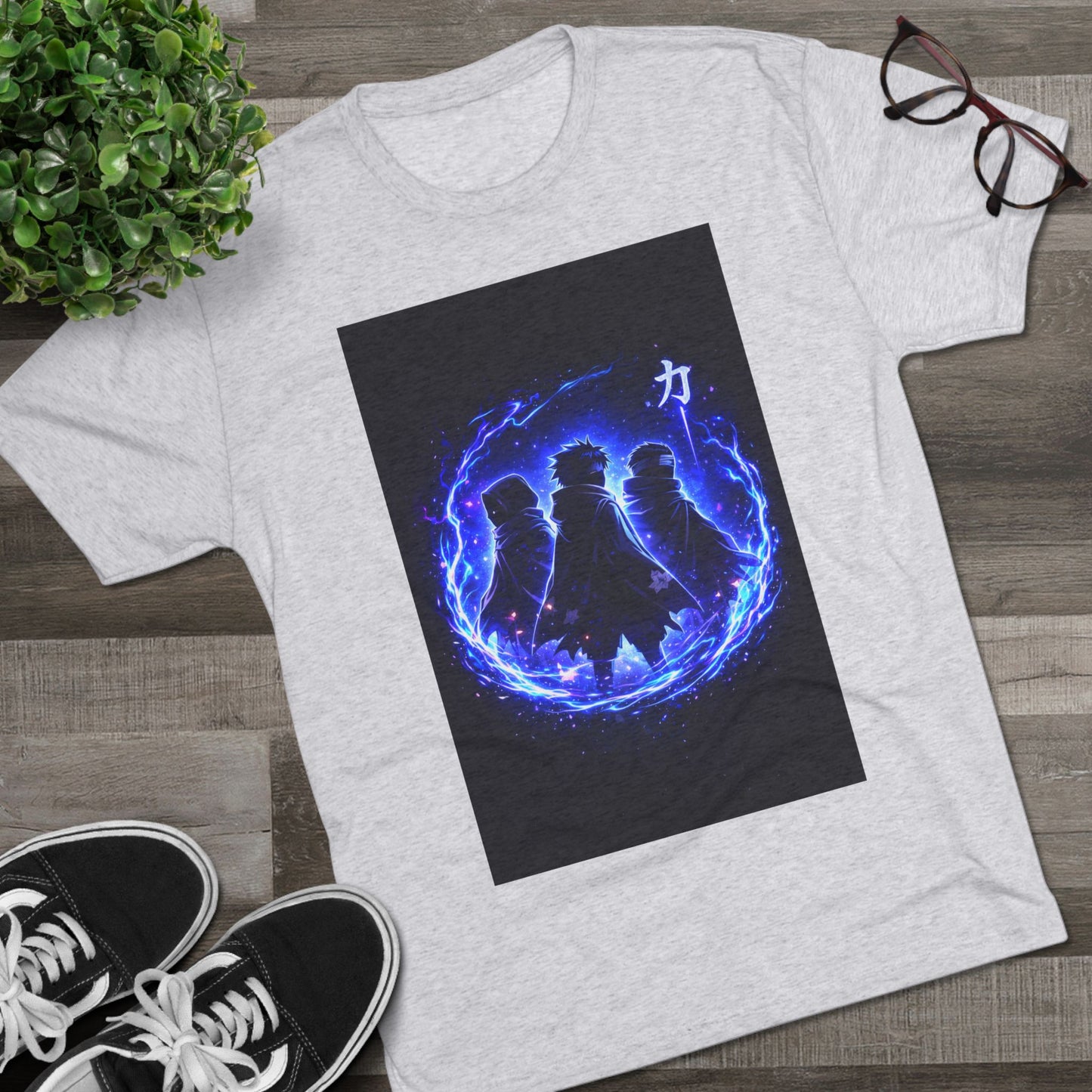 Anime Silhouette Crew Tee — Blue Flame Shinobi Design