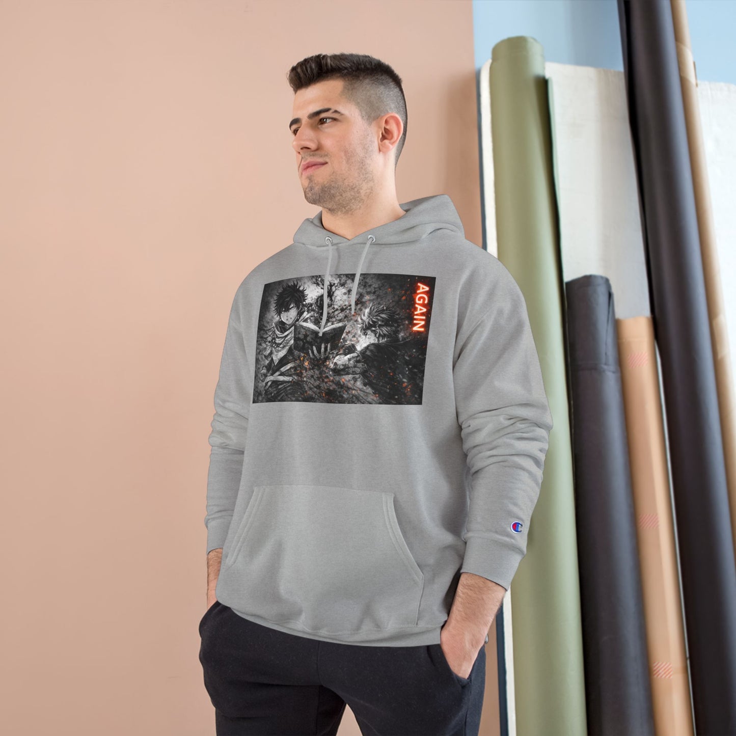 Again - Anime Inspired Champion Hoodie - Minimalist Manga Fighting Art - Unbothered Strength Design